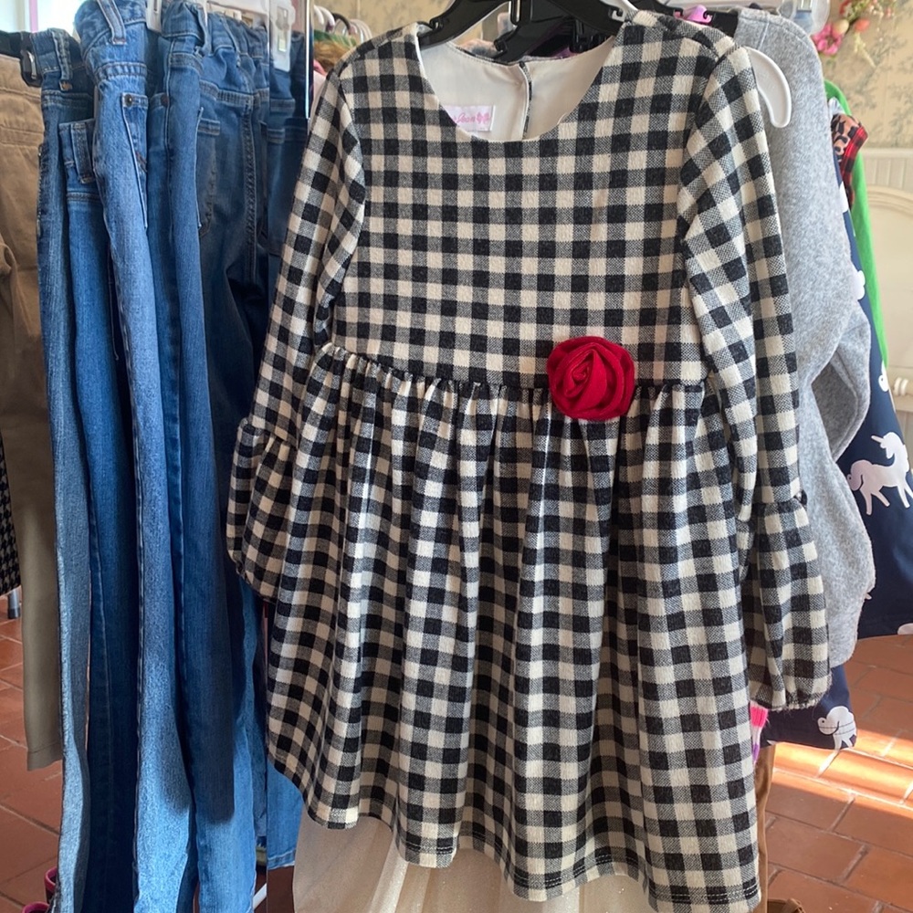 Bonnie Jean buffalo print dress with red flower size 6
